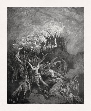 Gustave Dore tarafından işlenmiş siyah-beyaz gravür cennetten düşen isyancı melekleri tasvir ediyor. Cehennemde şeytan tarafından çağırılıyor. John Milton 'un efsanevi Kayıp Cennet şiirinden bir sahneyi anlatıyor..