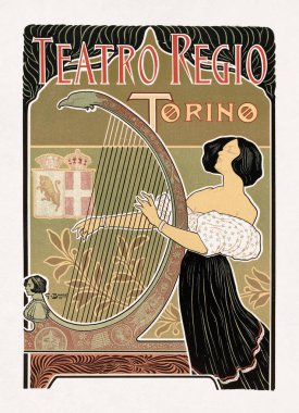 İtalya, Torino 'daki opera binasını tanıtmak için Giuseppe Boano' nun renkli taş baskı posteri. Arp çalan bir kadın resmedilmiş..