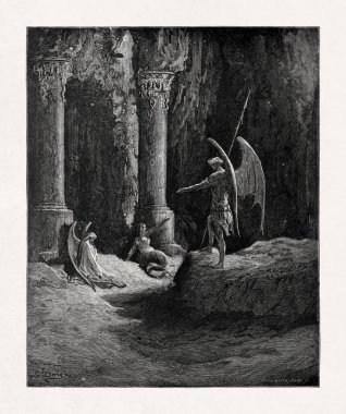 Gustave Dore 'un yazdığı siyah beyaz gravürde Şeytan, Cehennem Kapısı' nda Günah ve Ölüm 'le yüzleşirken John Milton' ın Kayıp Cennet isimli destansı şiirinden bir sahne anlatılıyor..