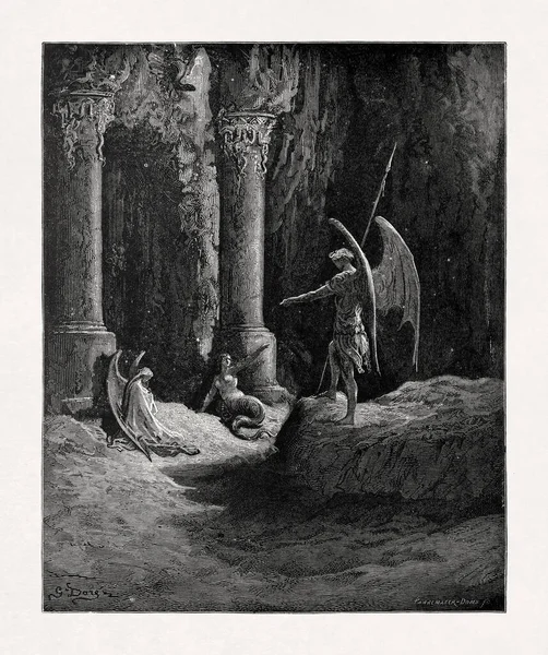 Gustave Dore 'un yazdığı siyah beyaz gravürde Şeytan, Cehennem Kapısı' nda Günah ve Ölüm 'le yüzleşirken John Milton' ın Kayıp Cennet isimli destansı şiirinden bir sahne anlatılıyor..