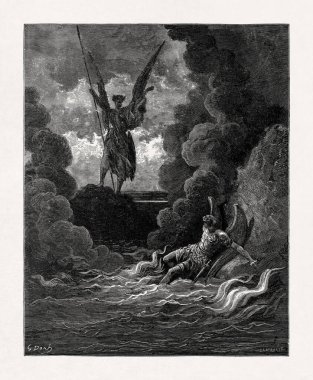 Gustave Dore tarafından işlenmiş siyah-beyaz gravür. Şeytan ve Beelzebub 'u öfkeli ateşin uçurumunda tasvir ediyor. John Milton' un efsanevi şiiri Kayıp Cennet 'ten bir sahneyi canlandırıyor..