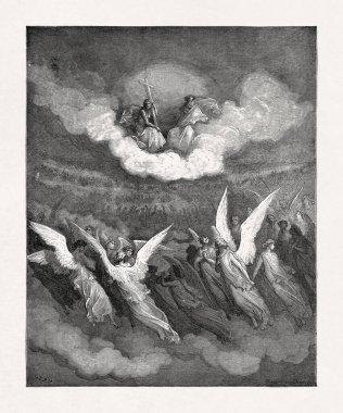 Gustave Dore 'un, İsa Mesih' i ve Tanrı 'yı tasvir eden, melekleri yukarıdan gören parlak bir bulutun üzerinde oturan, John Milton' un efsanevi şiiri Kayıp Cennet 'ten bir sahneyi resmeden siyah ve beyaz gravür..