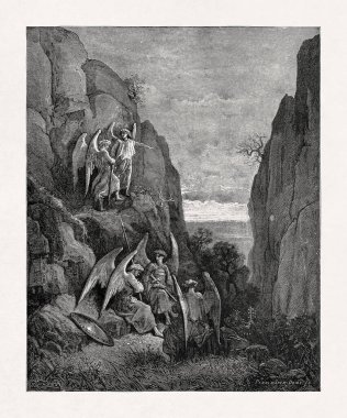 Gustave Dore 'un, Uriel' in Suçuna Dönüşünü tasvir ettiği siyah beyaz gravür, John Milton 'un Kayıp Cennet isimli şiirinden bir sahneyi betimliyor..
