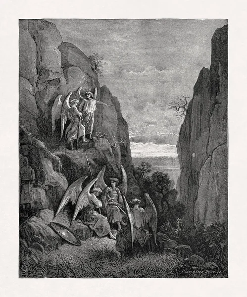 Gustave Dore 'un, Uriel' in Suçuna Dönüşünü tasvir ettiği siyah beyaz gravür, John Milton 'un Kayıp Cennet isimli şiirinden bir sahneyi betimliyor..