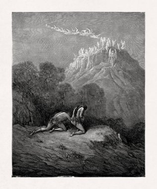 Gustave Dore 'un, Adem ve Havva' yı cennetten kovmak için gönderdiği başmelek Michael ve melekleri tasvir ettiği siyah ve beyaz gravür, John Milton 'ın Kayıp Cennet isimli destansı şiirinden bir sahneyi resmediyor..