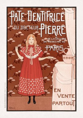 Louis-Maurice Boutet de Monvel 'in artık kullanılmayan bir marka olan Dr Pierre' in diş macununu tanıtmak için yaptığı renkli taşbaskı posteri..