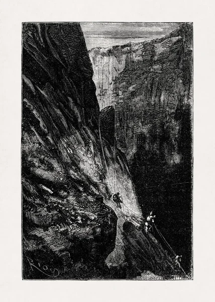 Edouard Riou 'nun, Profesör Lidenbrock ve ekibinin İzlanda' daki Snfellsjkull Dağı 'nda Jules Verne' in 