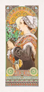 Sands 'li Thistle (La Bretonne olarak da bilinir), Alphonse Mucha' dan Art Nouveau renk taşbaskısı. Bir çift dekoratif panelden biri..