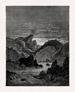 Black and white engraving by Gustave Dore depicting a colossal sea monster rising from a desolate, primordial ocean landscape, illustrating a scene from John Milton's epic poem Paradise Lost.