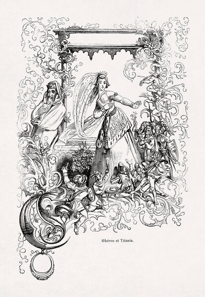 Black and white illustration depicting Oberon and Titania, the King and Queen of the Fairies from William Shakespeare's A Midsummer Night's Dream, made in 1863 for the Dictionnaire infernal writen by Jacques Collin de Plancy.