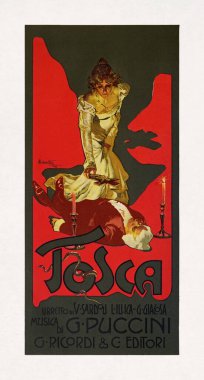 Tosca 'yı tanıtmak için Adolfo Hohenstein' in renkli taş baskı posteri, Giacomo Puccini 'nin üç perdelik operası, Luigi Illica ve Giuseppe Giacosa' nın İtalyan libretosu..