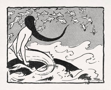 William 'dan siyah-beyaz oyma. Hans Christian Andersen' ın hikayesinden esinlenerek denize bakan bir kayanın üzerindeki gerçek deniz kızı..