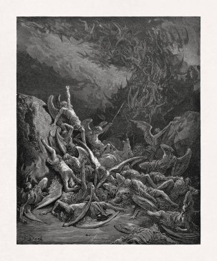 Gustave Dore 'un, Şeytan ve Lejyonlarını tasvir ettiği siyah ve beyaz ahşap oyması John Milton' ın Kayıp Cennet isimli şiirinden bir sahneyi canlandırıyor..