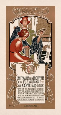 Adolfo Hohenstein 'in 1899' da voltaik yığının keşfinin yüzüncü yılı için yaptığı renkli taş baskı posteri..