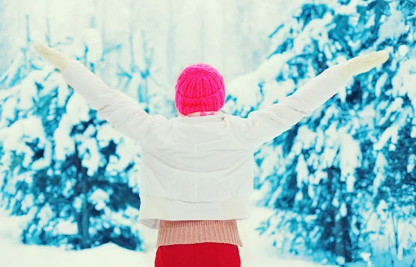 Silhouette of woman enjoying winter weather in snowy day — Stock Photo, Image