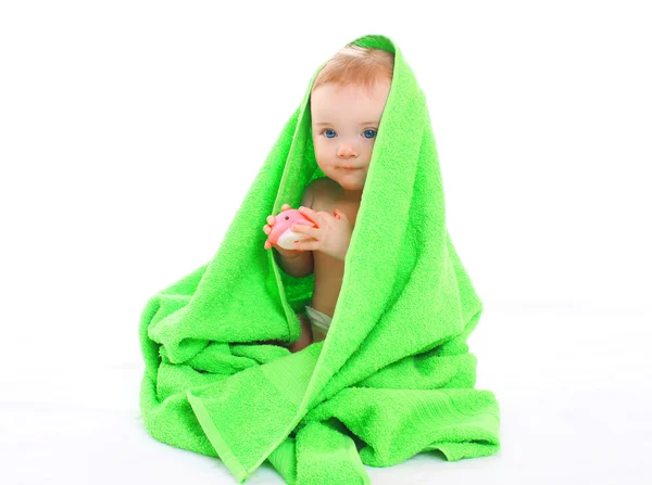 Portrait little baby under towel on white background — Stock Photo, Image