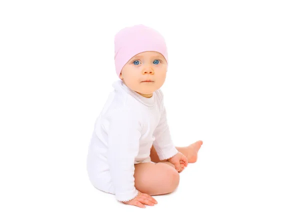 Portrait baby in hat sitting on a white background — Stock Photo, Image