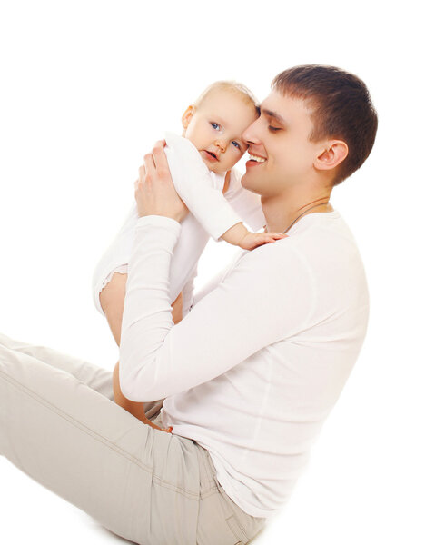 Happy smiling father and baby on a white background