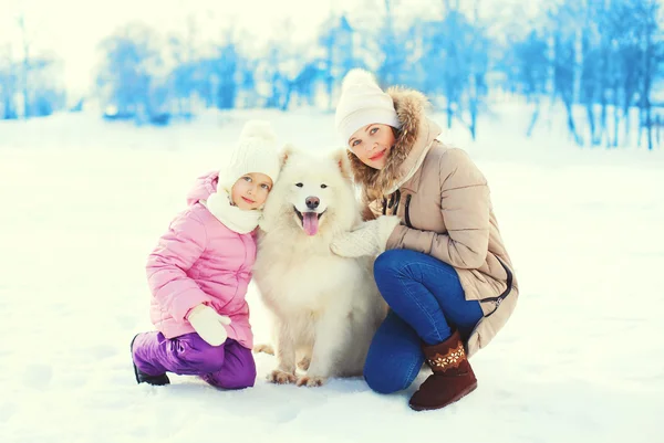 Moeder en kind knuffelen wit Samojeed hond in winterdag — Stockfoto