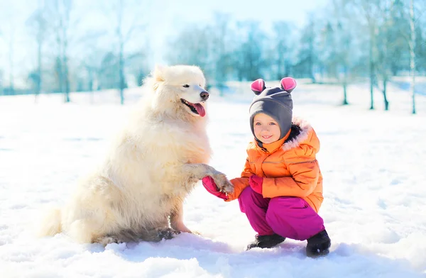 윈터 파크에서 눈에 흰색 Samoyed 강아지와 행복 한 아이 — 스톡 사진
