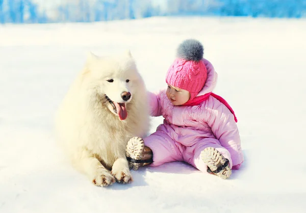Παιδί με λευκό Samoyed σκυλί κάθεται στο χιόνι στην ημέρα του χειμώνα — Φωτογραφία Αρχείου