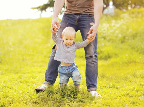 父亲抱着在夏天大草地上走在一起的手婴儿 — 图库照片