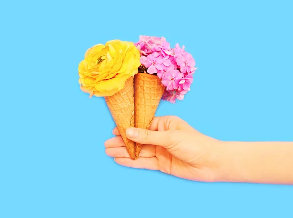 Tangan memegang dua es krim kerucut dengan bunga di atas backgroun biru — Stok Foto