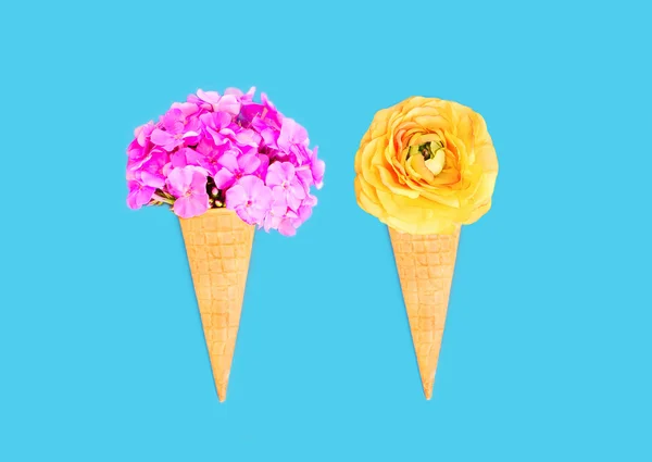 Dos cono de helado con flores sobre fondo colorido azul para —  Fotos de Stock