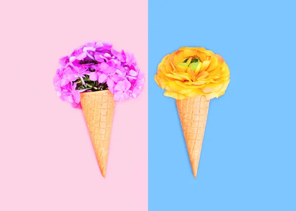 Due cono gelato con fiori sopra colorato rosa blu backgrou — Foto Stock