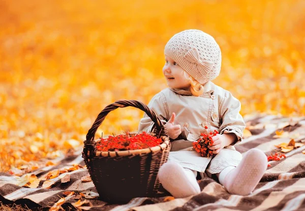 Cute smiling child sitting with basket rowan on the plaid in war — Stock Photo, Image