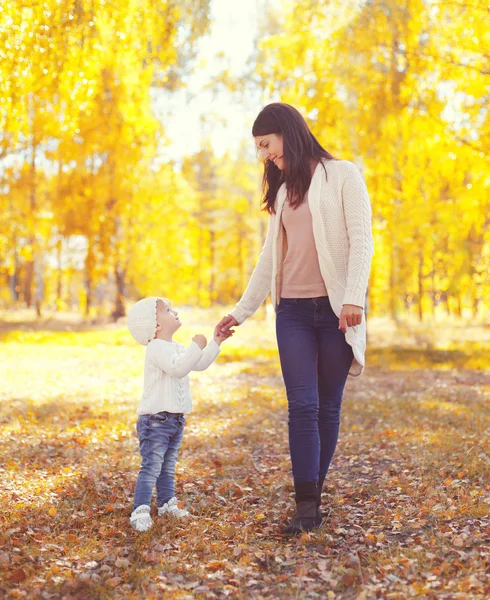 Glücklich lächelnde Mutter geht mit Kind in warmem, sonnigem Herbsttag — Stockfoto