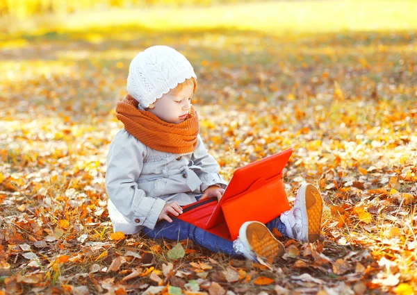 Little child sitting using tablet pc in autumn day — Stock Photo, Image