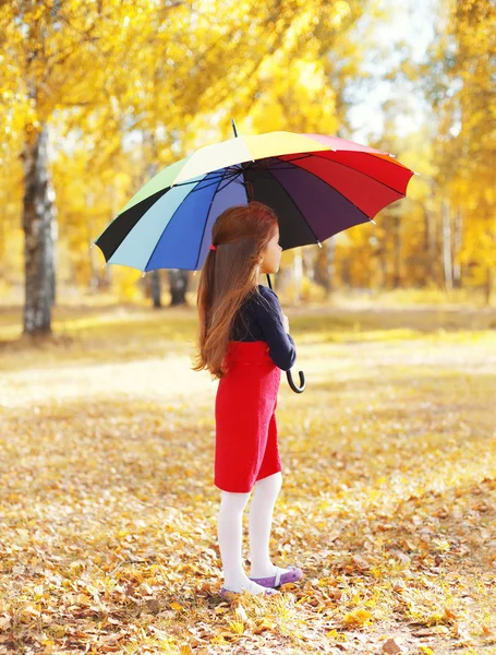 Little girl child with colorful umbrella dreaming in sunny autum — Stock Photo, Image