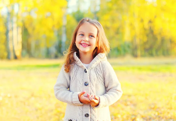 Portret gelukkig glimlachend kind plezier in zonnige herfst dag — Stockfoto