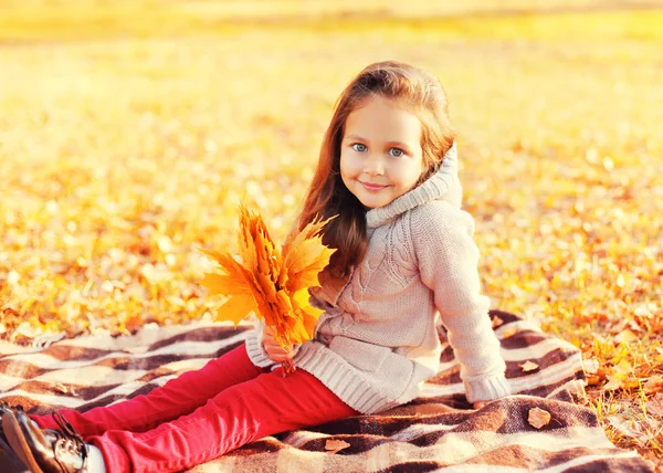 Portrait happy smiling child with yellow maple leafs sitting on — Stock Photo, Image