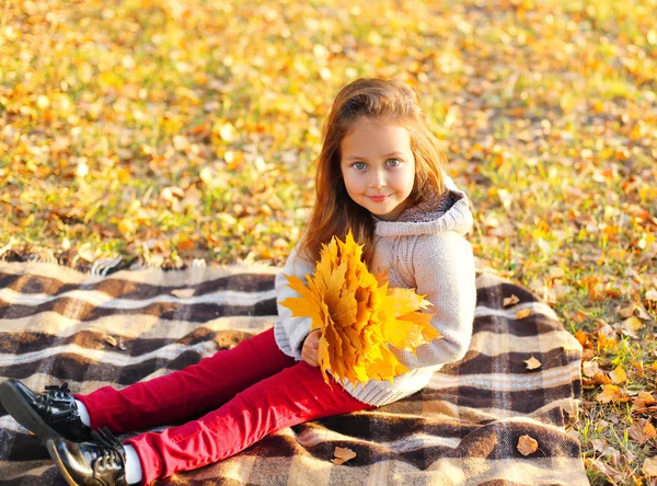 Retrato niño sonriente con hojas de arce amarillo sentado en la pl —  Fotos de Stock