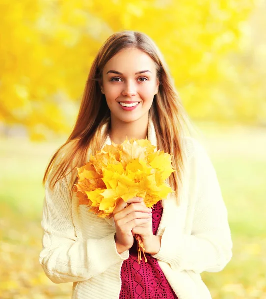 Retrato bela mulher sorridente com folhas de bordo amarelas em sunn — Fotografia de Stock