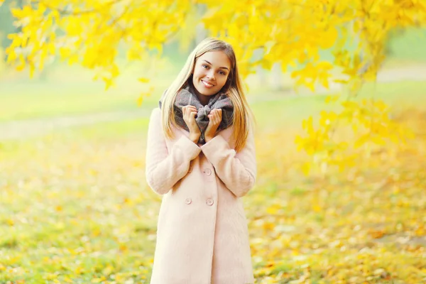 Retrato hermosa mujer rubia sonriente en cálido día de otoño soleado —  Fotos de Stock