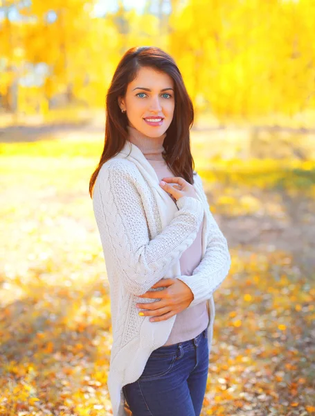 Porträt schöne lächelnde junge Frau in sonnigem Herbsttag — Stockfoto