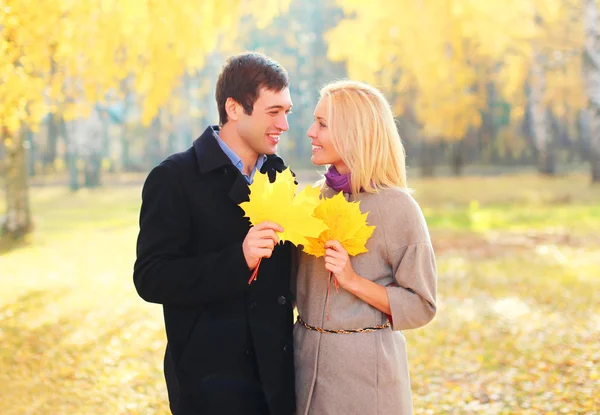 Retrato de feliz jovem casal sorridente com folhas de bordo amarelo i — Fotografia de Stock