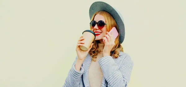 Portrait Young Woman Calling Smartphone Holding Coffee Cup Background — Stock Photo, Image