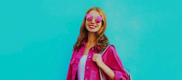 Stylish Portrait Smiling Young Woman Wearing Pink Jacket Sunglasses Blue — Stock Photo, Image