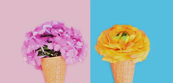Cône Avec Des Fleurs Roses Comme Crème Glacée Sur Fond — Photo