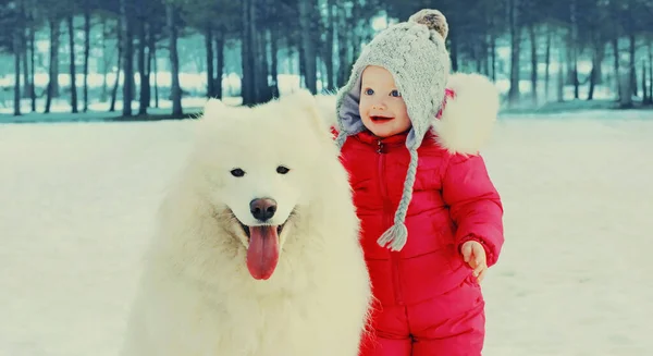 Portrait Enfant Souriant Heureux Avec Chien Samoyed Blanc Dans Parc — Photo