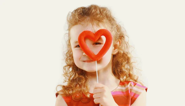 Portrét Zblízka Veselého Dítěte Dívá Přes Červené Srdce Hůl Přes — Stock fotografie