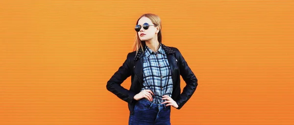 Portrait Stylish Blonde Young Woman Black Rock Style Orange Background — Stock Photo, Image