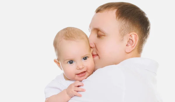 Porträt Eines Glücklichen Jungen Vaters Mit Baby Isoliert Auf Weißem — Stockfoto