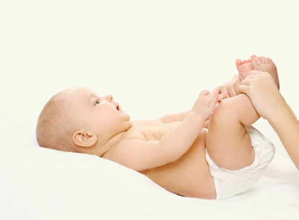 Close Mother Massage Her Baby Home — Stock Photo, Image