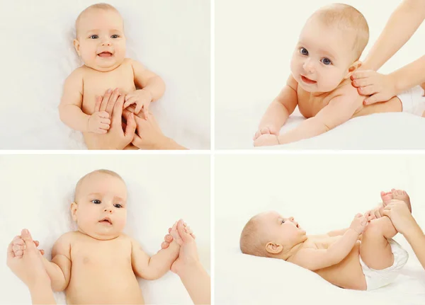 Colagem Mãe Massagem Seu Bebê Bonito Casa — Fotografia de Stock