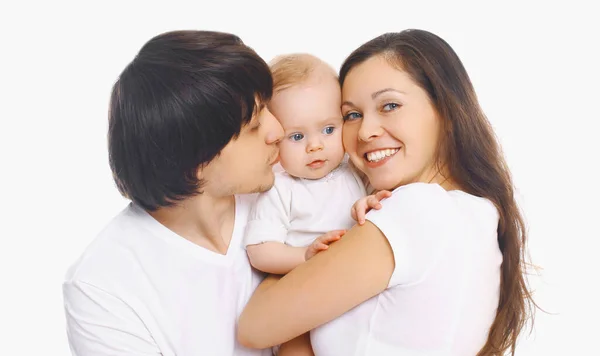 Familienporträt Von Glücklicher Mutter Vater Und Baby Vor Weißem Hintergrund — Stockfoto